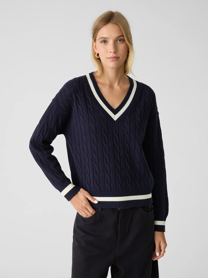 Women's V Neck Cable Knit Jumper with Contrast Trim