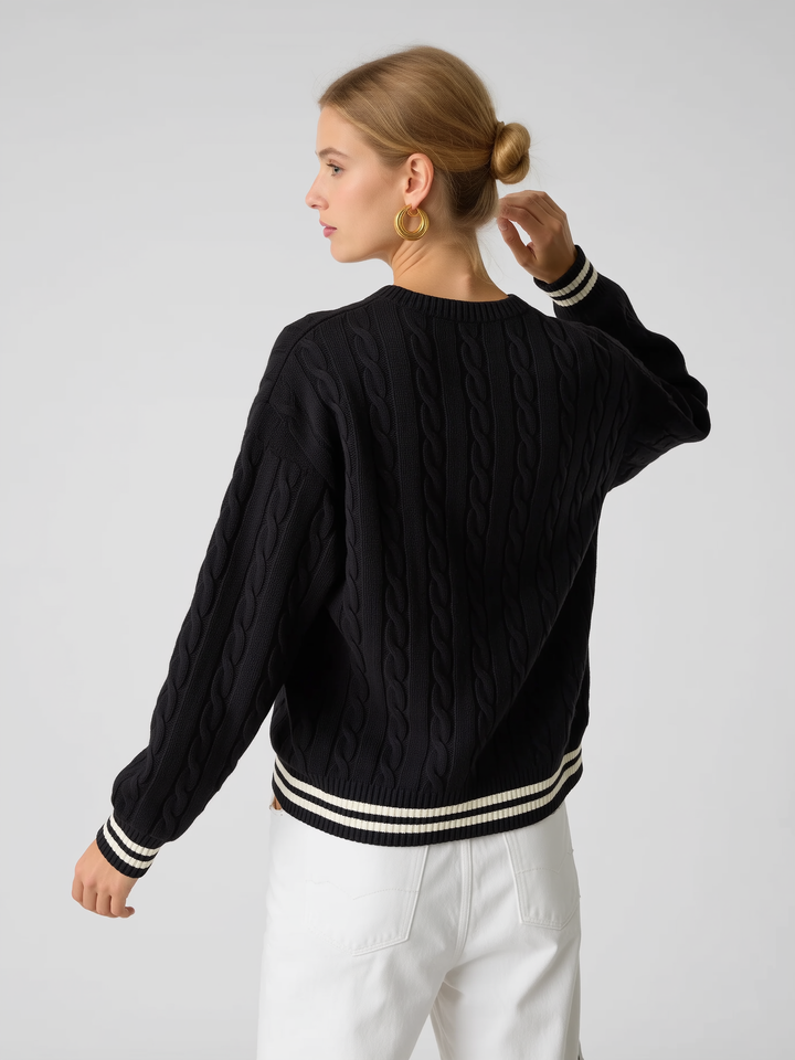 Women's V Neck Cable Knit Jumper with Contrast Trim