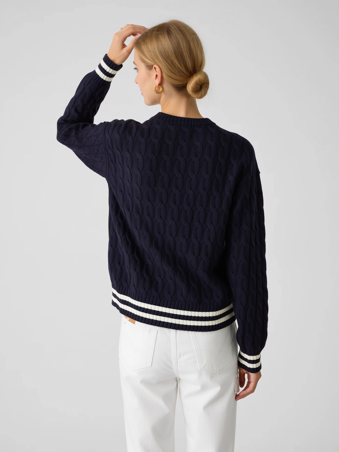 Women's V Neck Cable Knit Jumper with Contrast Trim