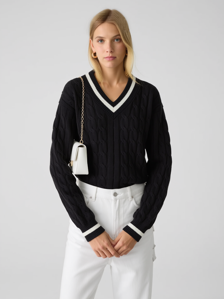 Women's V Neck Cable Knit Jumper with Contrast Trim